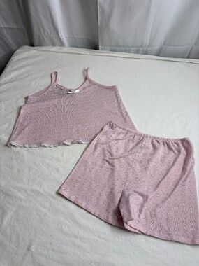 Vtg Basic Editions Girls Heart 2 pc Cami/Shorts Lace Trim/ Bow Pajama Set Size 6